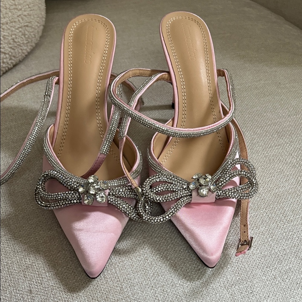 Elegant Pink Satin Heels with Rhinestone Bow